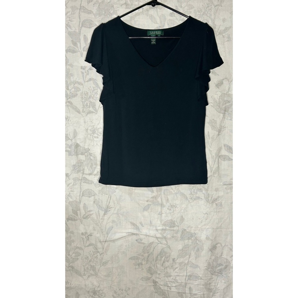 Lauren Ralph Lauren Black V Neck Flutter Sleeve Top Women Size S